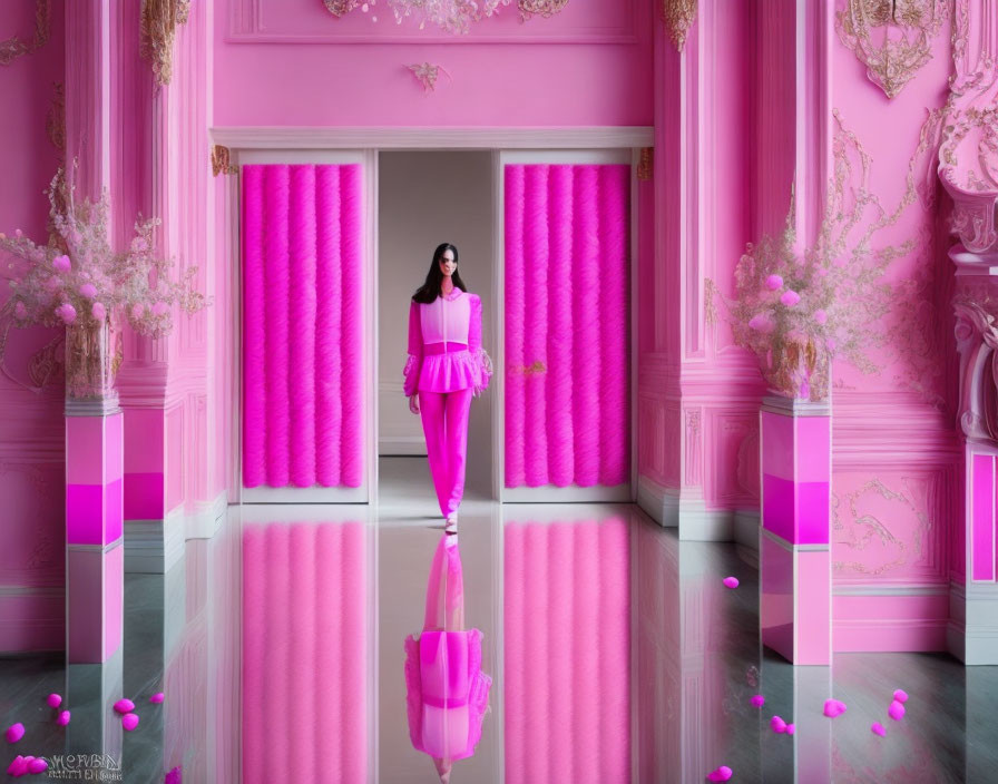 Woman in Pink Dress in Ornate Pink Room with Scattered Petals