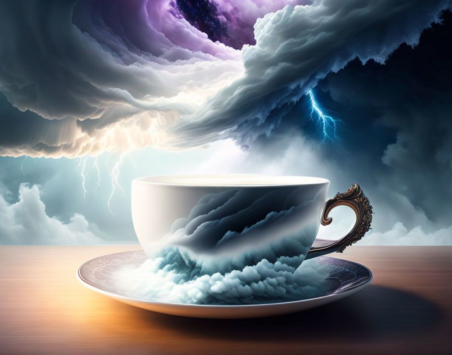Surreal image of stormy sky and lightning in oversized cup