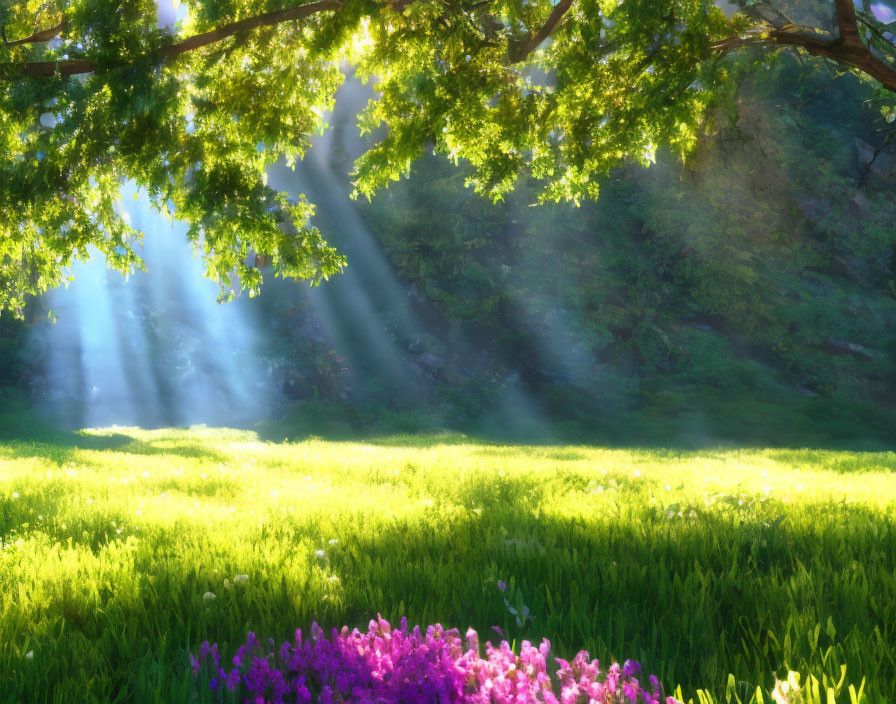 Sunlight Filtering Through Leaves on Lush Meadow with Purple Flowers