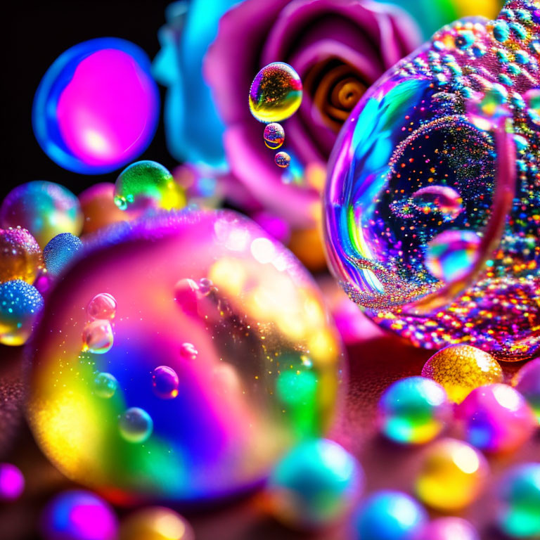 Colorful Water Droplets Macro Shot with Glittering Reflections