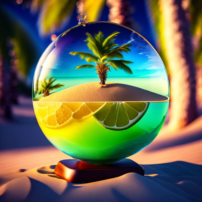 Tropical beach scene in glass sphere with lemon slice, palm trees, and sunset