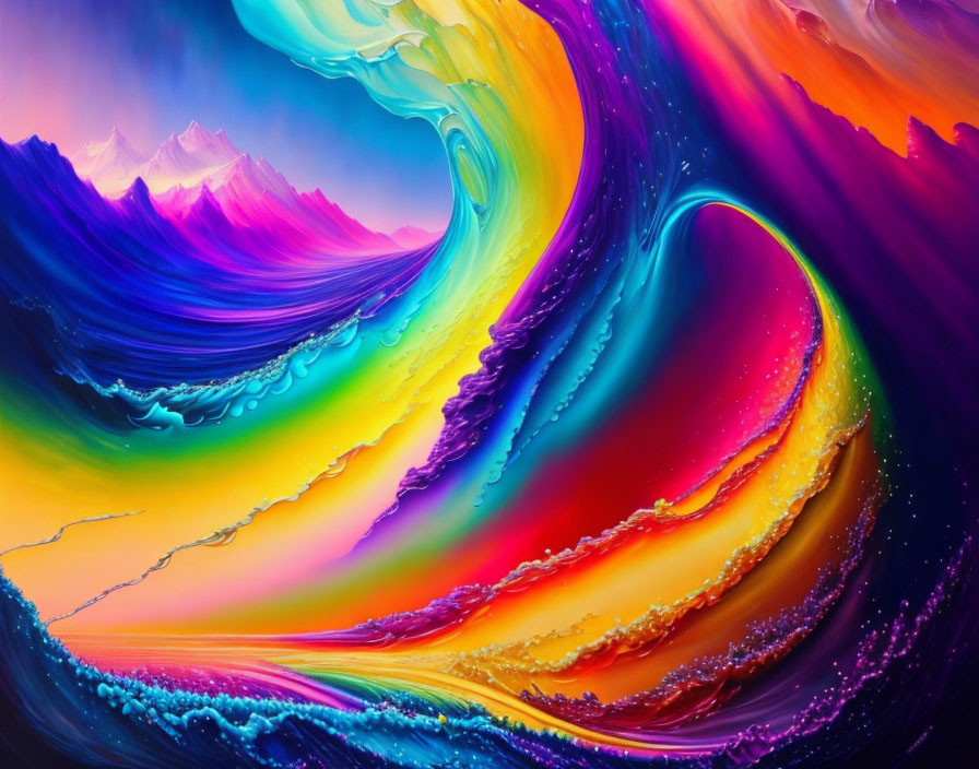 Abstract digital artwork: Swirling rainbow colors and mountain-like peaks