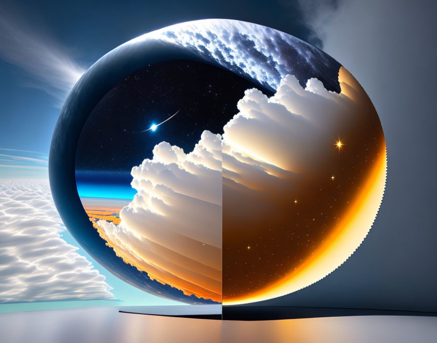 Split spherical structure with day and night concept, clouds, starry sky, shooting star