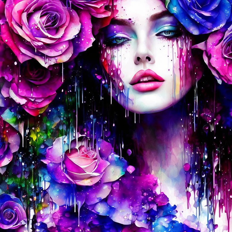 Vibrant watercolor artwork blending woman's face with roses