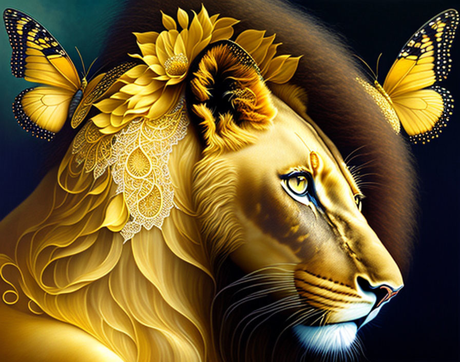 Golden lion digital artwork with lace pattern, butterflies, and sunflowers