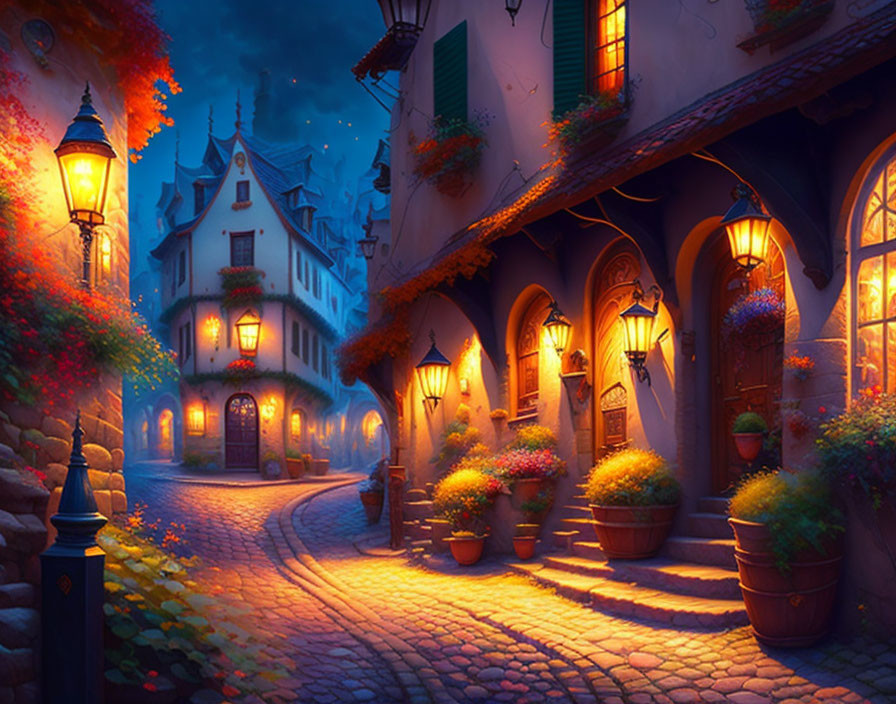 Charming cobblestone street at twilight with old-world houses and warm lights