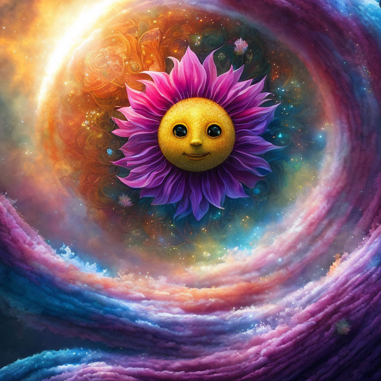 Smiling sun-like face on pink flower in cosmic galaxy