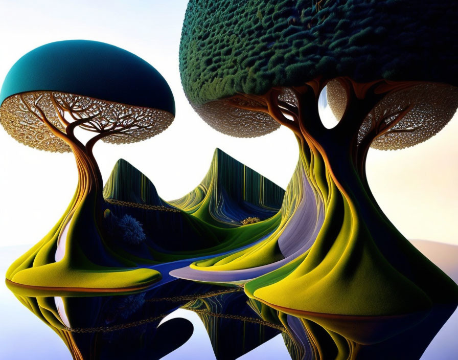 Surreal digital artwork of stylized trees and landscapes