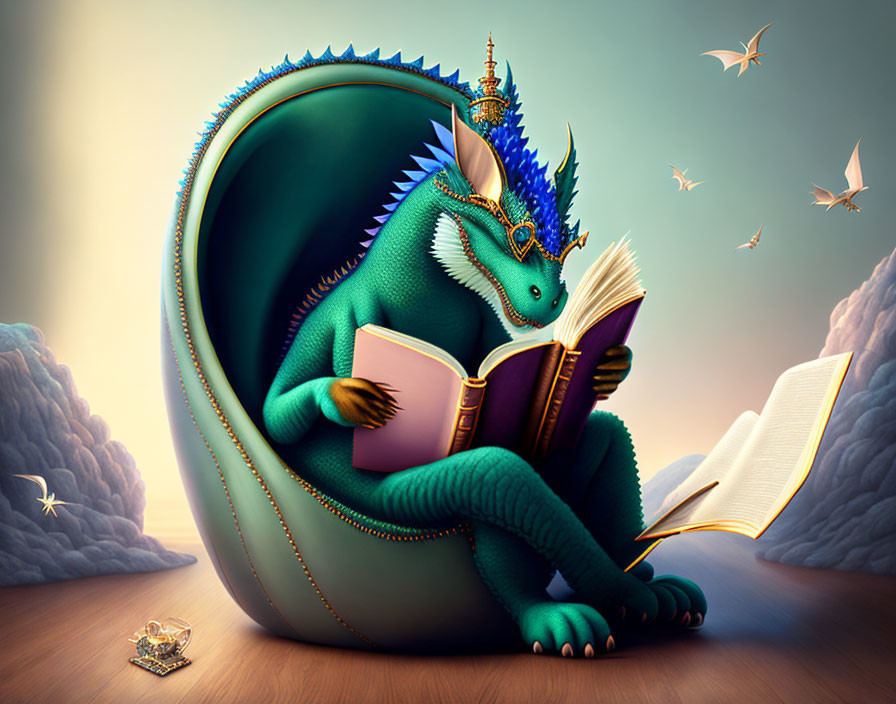 Regal dragon with crown reading book, birds in soft-lit background