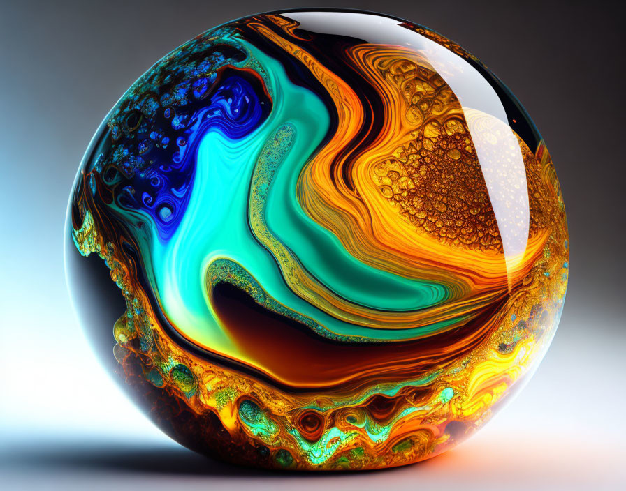 Colorful Abstract Spherical Object with Swirling Blue, Orange, and Gold Patterns