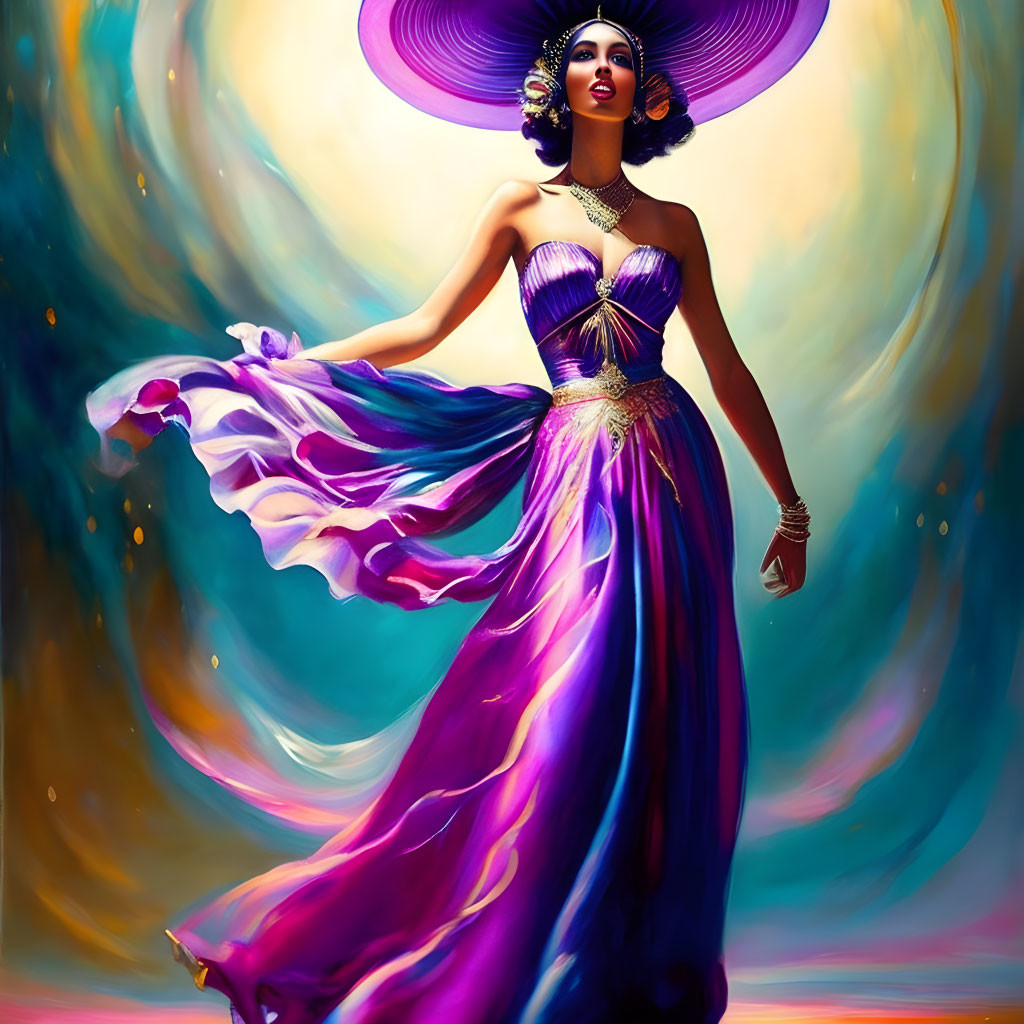 Elegant woman in vibrant purple dress and hat on colorful abstract background