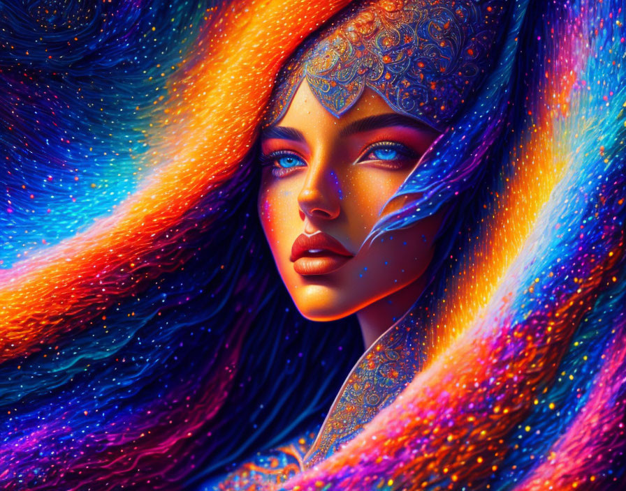 Vibrant digital artwork: Woman with cosmic galaxy hair and intricate headpiece
