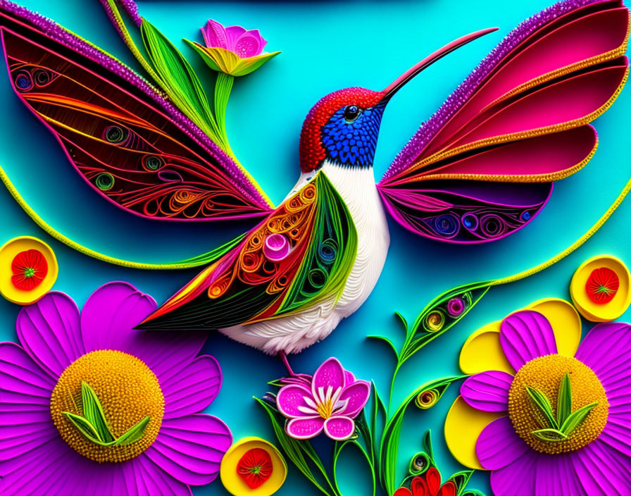 Colorful hummingbird with quilled paper-style wings among paper flowers on turquoise background