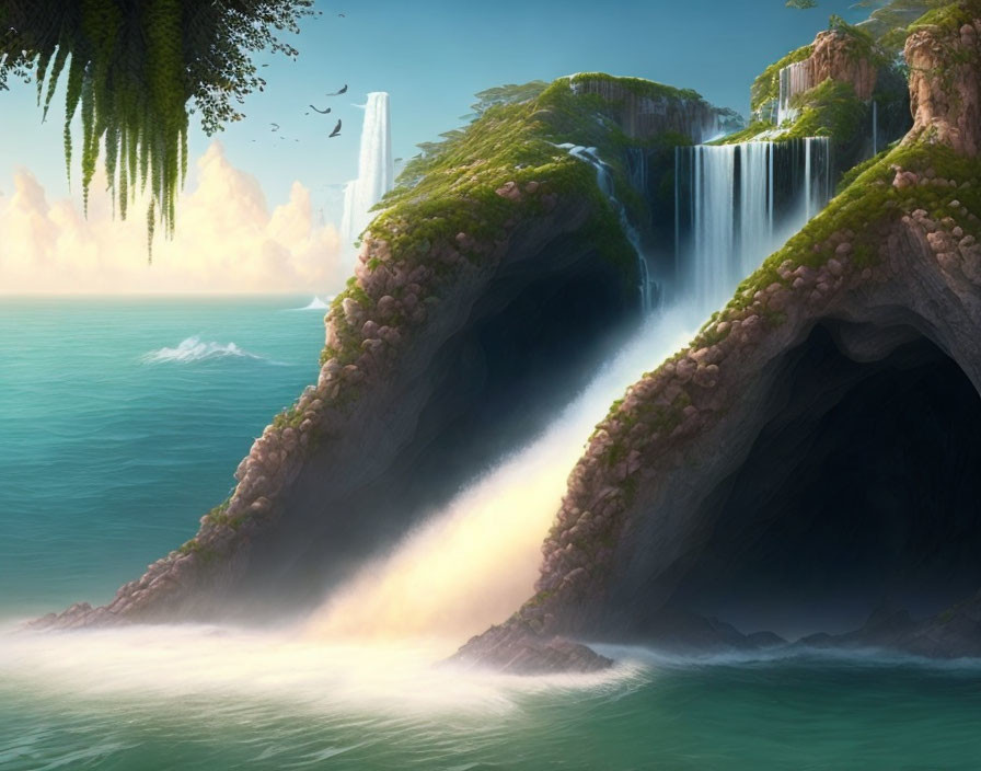 Tranquil fantasy landscape with waterfall, ocean, light rays, and birds