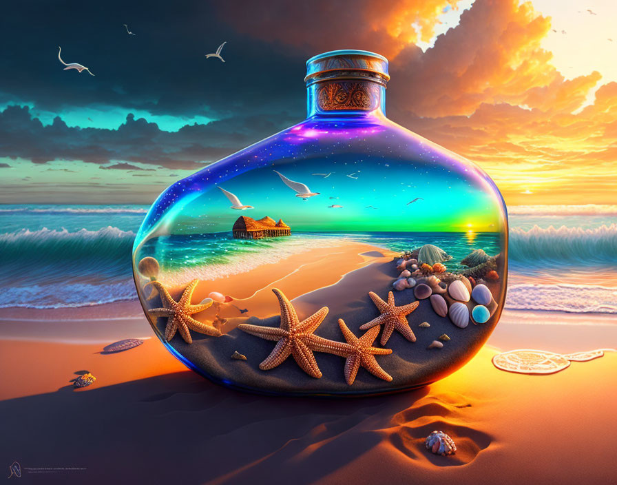 Surreal transparent bottle with miniature beach scene