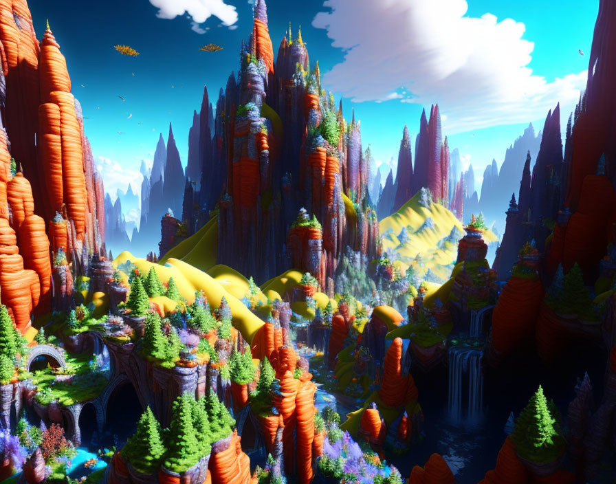Colorful landscape with red rock formations, lush greenery, waterfalls, and floating islands