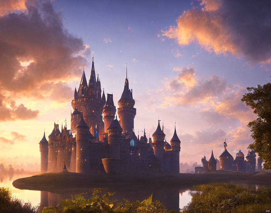 Majestic castle with spires in golden sunrise light by tranquil lake