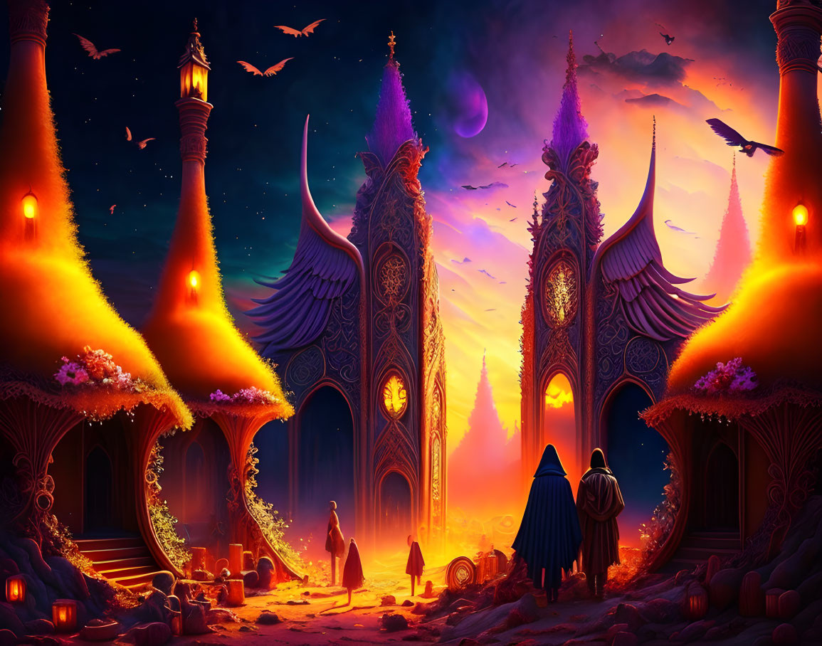 Fantasy scene: Glowing buildings, cloaked figures, birds, purple sky, large moon