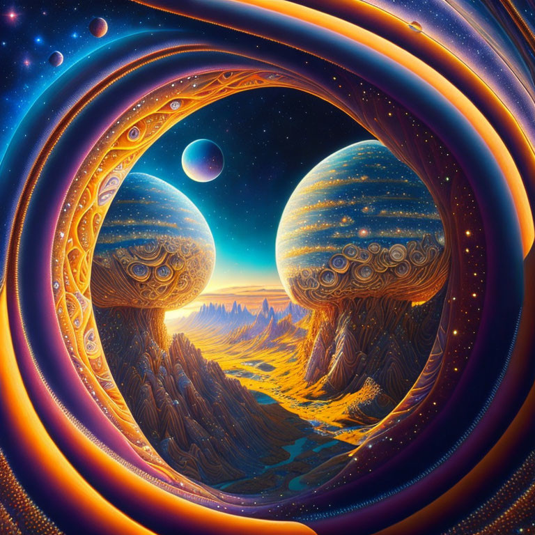 Vibrant cosmic landscape with swirling patterns and planet-like orbs