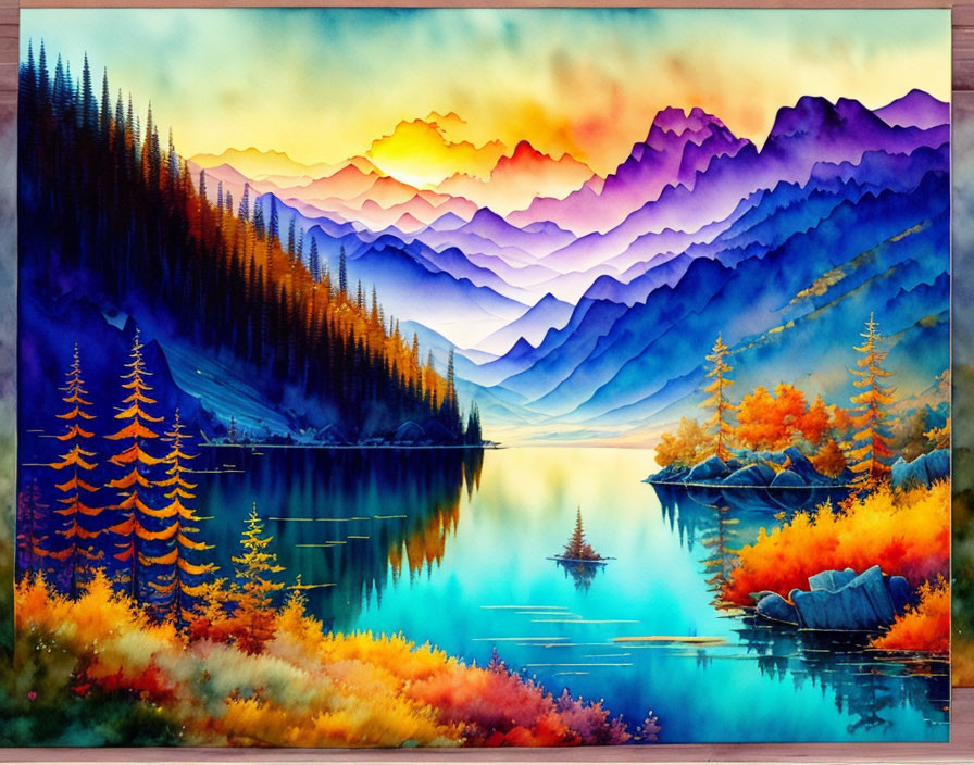 Mountainous Landscape Painting: Sunset Colors, Calm Lake, Boat