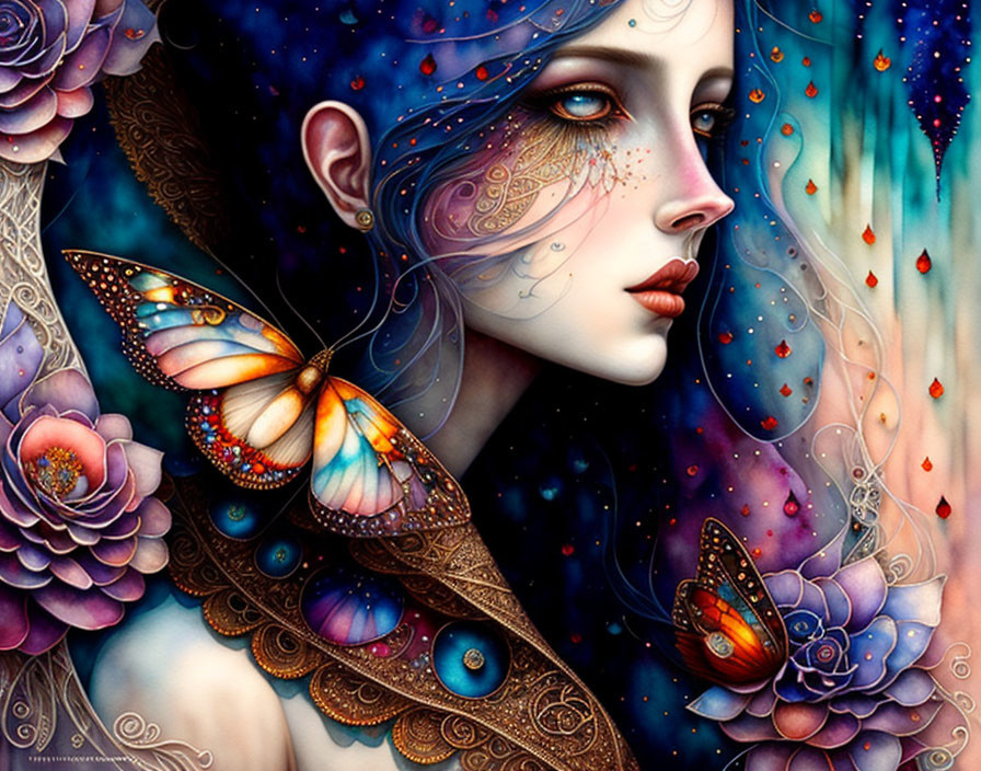 Colorful fantasy art of woman with butterfly wings in floral setting