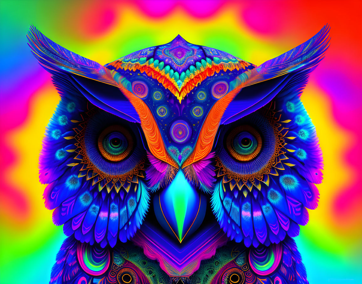 Colorful Stylized Owl Artwork with Rainbow Background