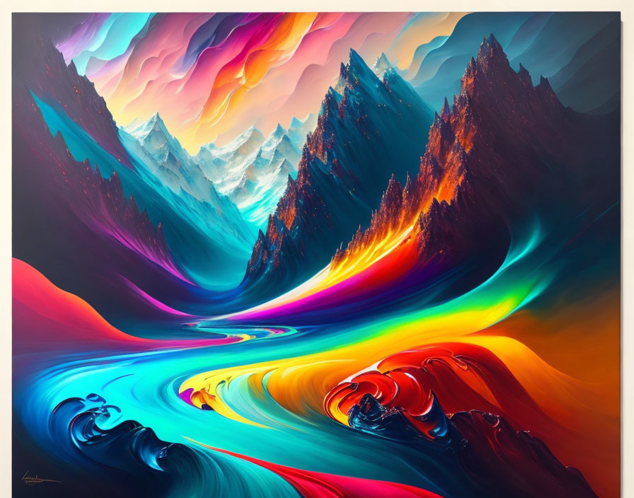 Colorful Surreal Mountain Landscape with Flowing Ribbons