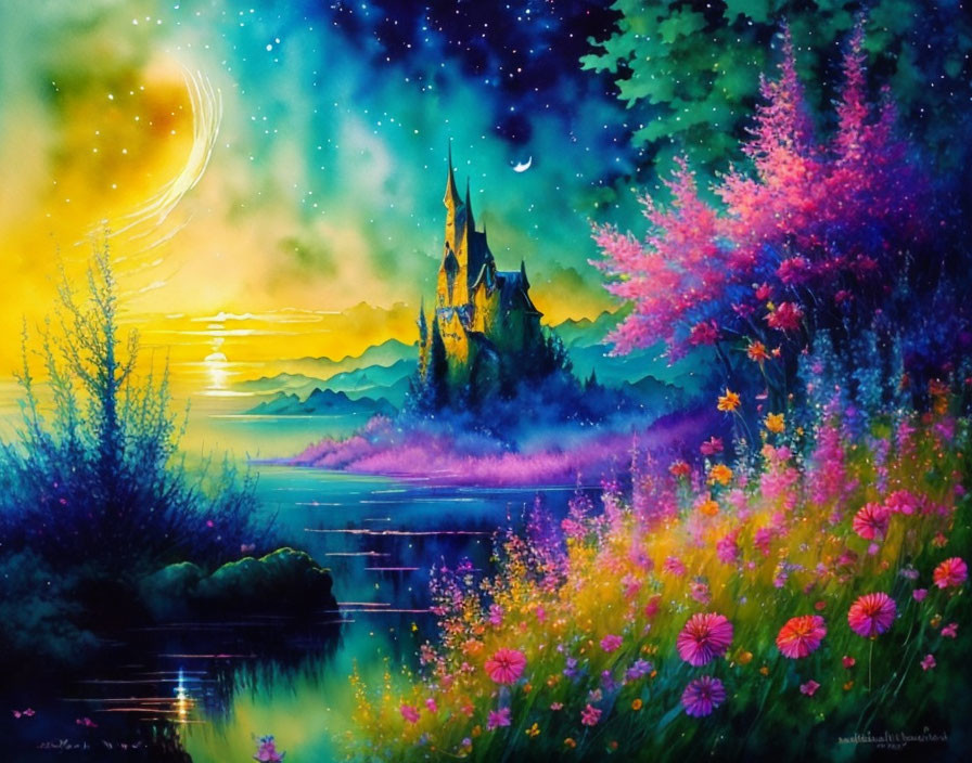 Colorful painting of mystical castle at sunset with lush florals, serene lake, and swirling night sky