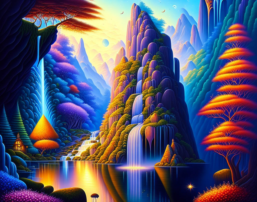Fantasy landscape with waterfalls, mountains, luminous trees, lake, and star-like sparkle