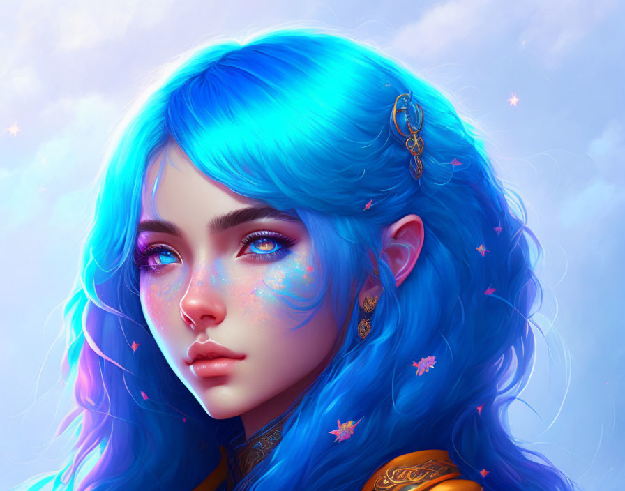 Vibrant blue hair girl with star-shaped freckles in digital art