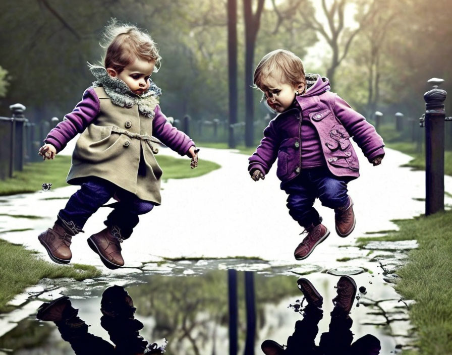 Two toddlers in winter coats jumping over a puddle with reflections.