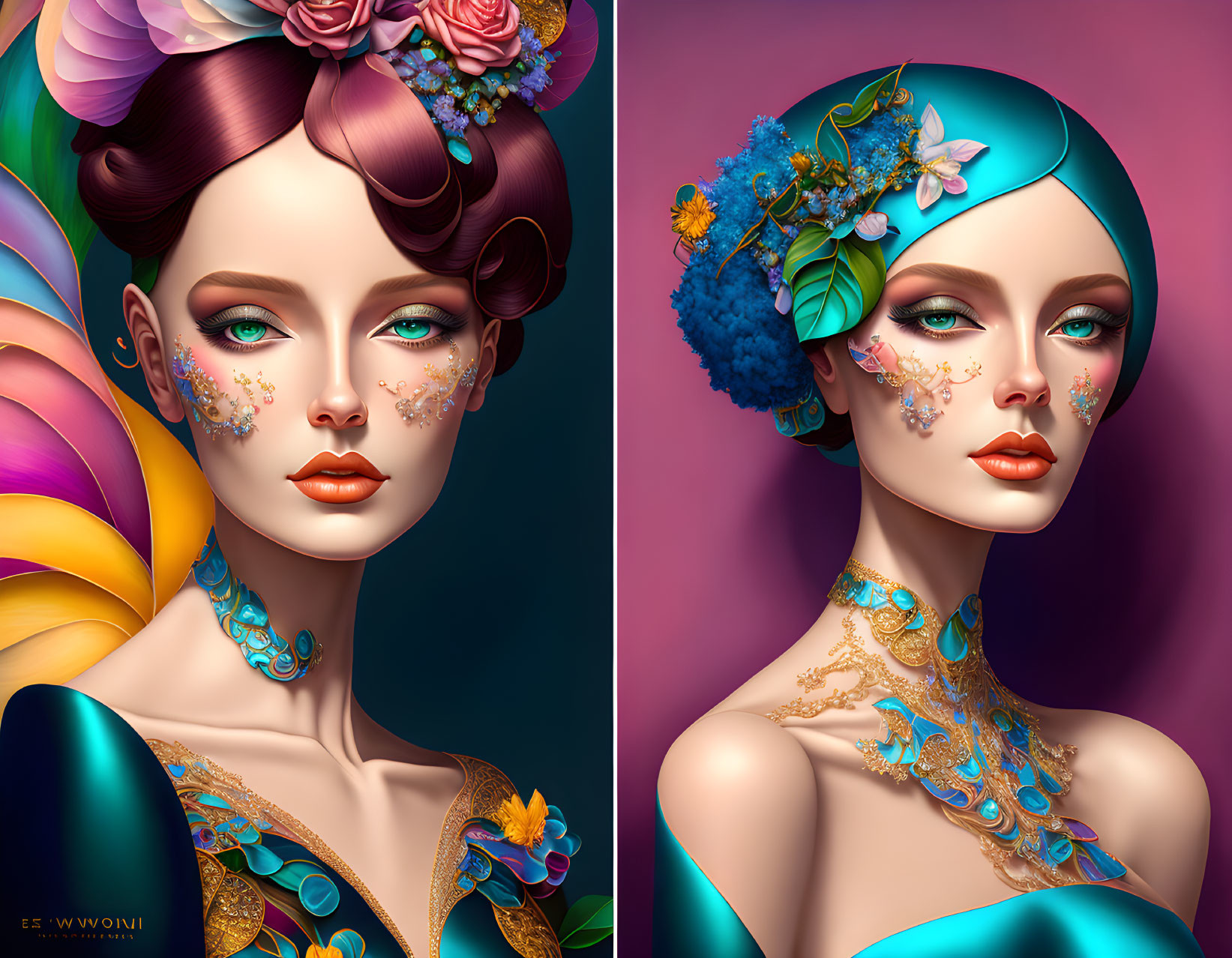 Stylized portraits of a woman with elaborate hairstyles and vibrant makeup on colorful background