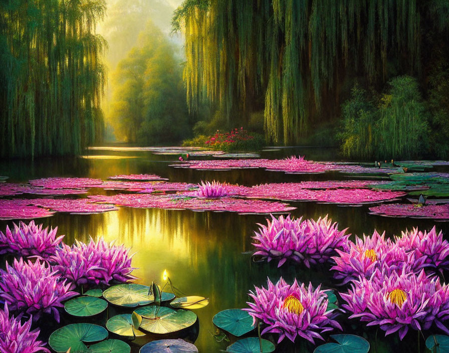 Tranquil Pond Scene with Pink Water Lilies and Weeping Willows