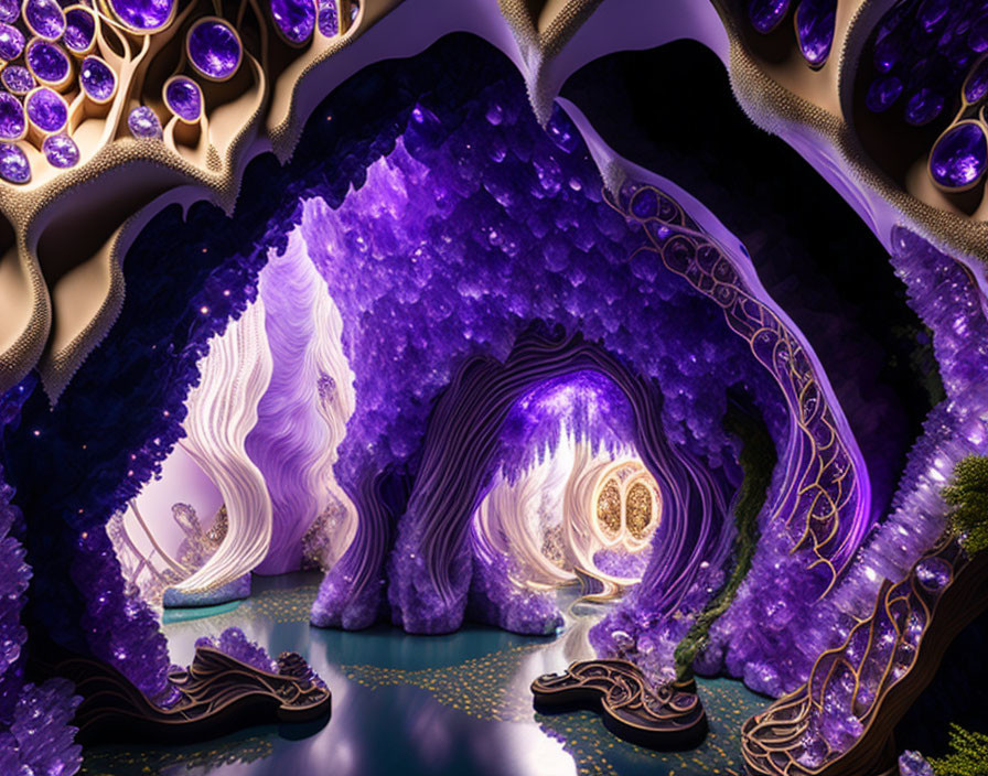 Mystical cave with purple crystals and swirling rock formations