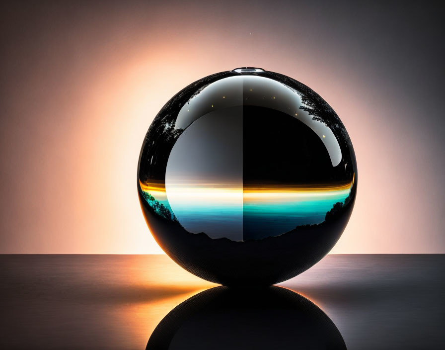 Split landscape crystal ball reflecting sunset and night under gradient sky