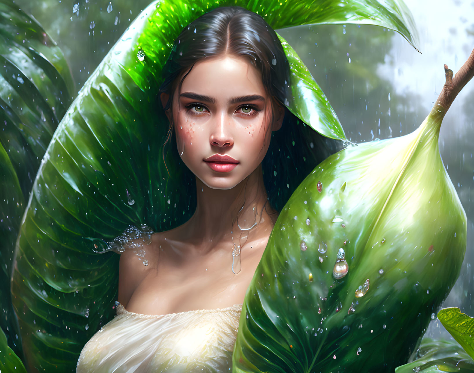 Digital art portrait of woman with clear skin among glossy green leaves and water droplets