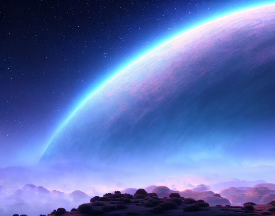 Twilight landscape with planet curve, starry sky, misty hills