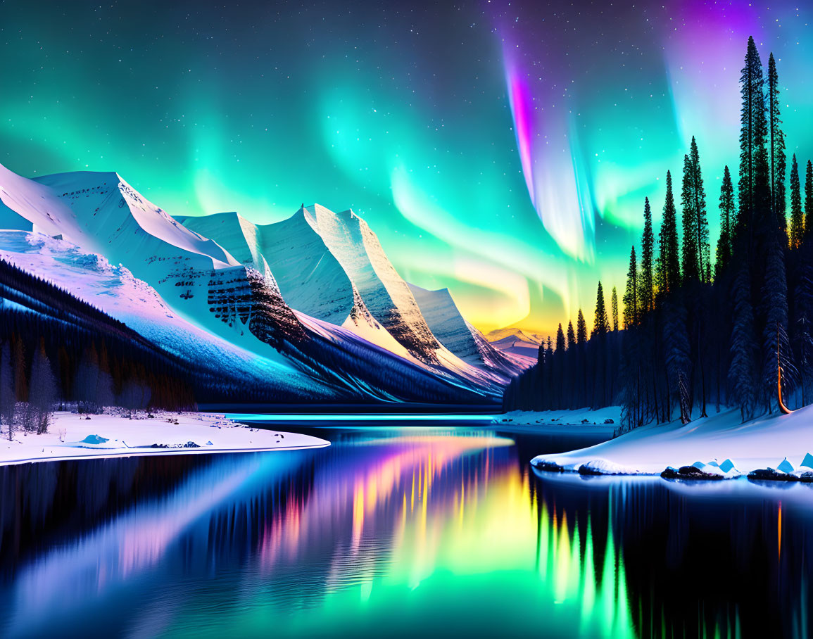 Majestic aurora borealis over snow-covered mountain landscape