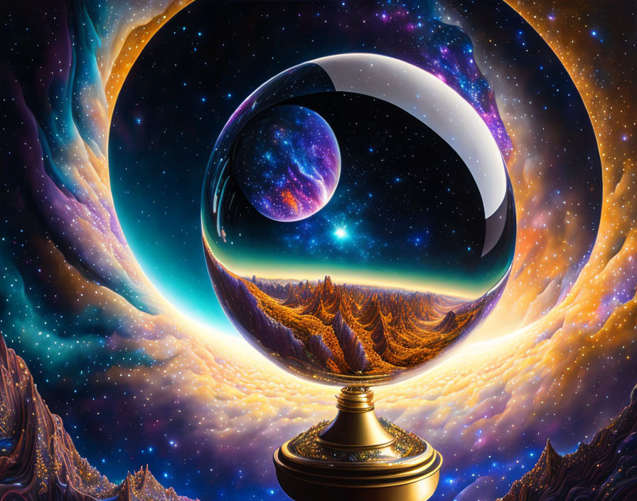 Surreal cosmic landscape with reflective sphere and crescent moon illusion