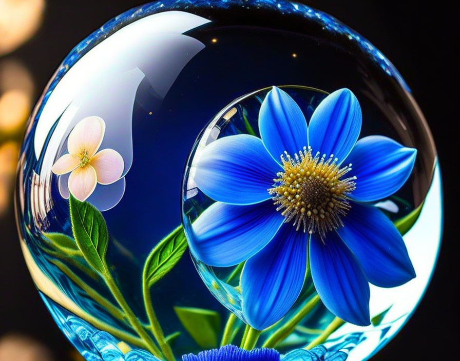 Blue and yellow flower reflected in crystal ball with pink flower on dark background