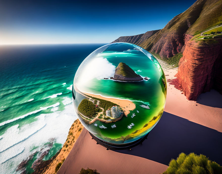 Surreal image of glass sphere enclosing tropical island and ocean