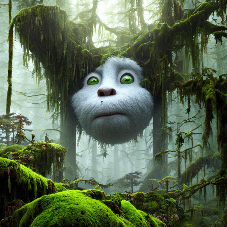 Animated yeti face in misty, moss-covered forest with wide green eyes