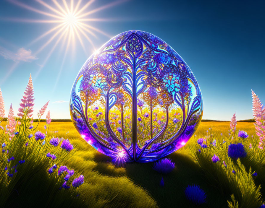 Ornate sphere with tree and floral patterns in vibrant field