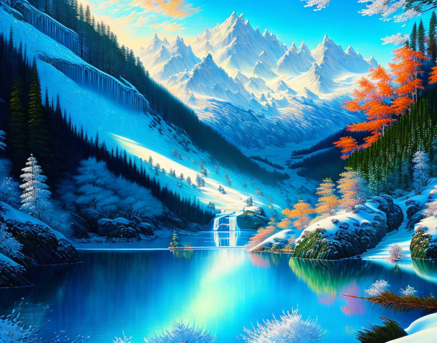 Snow-capped mountains, blue lake, autumn foliage in vibrant landscape