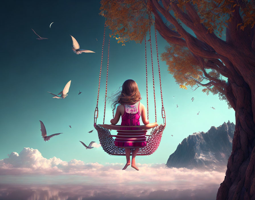 Young girl on swing with surreal landscape and mountains