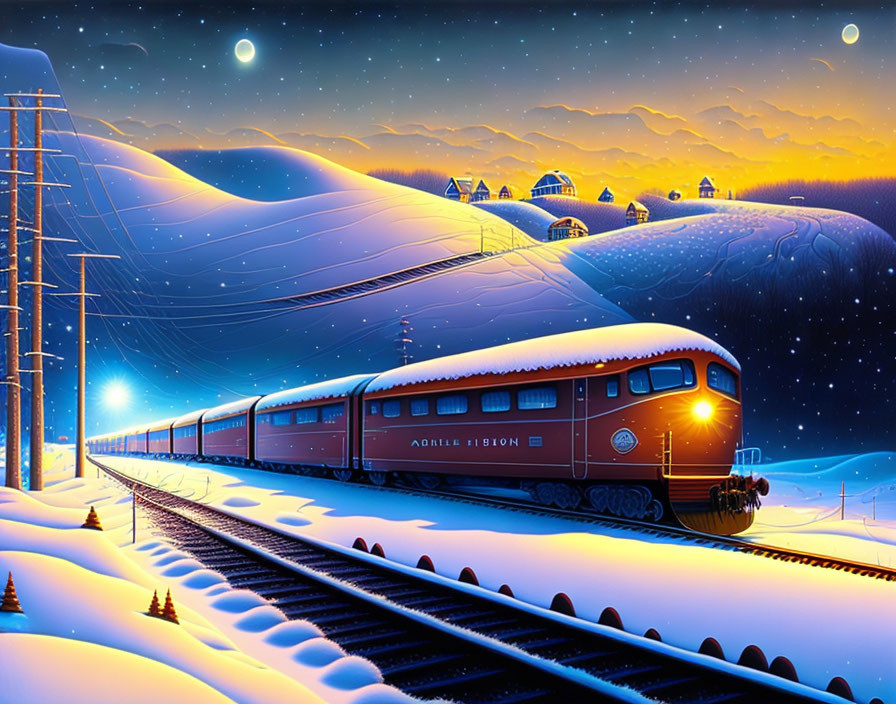 Train traveling through snowy landscape at night with illuminated windows