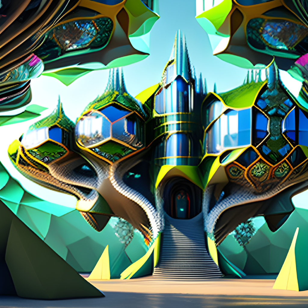 Futuristic castle with swirling colorful structures and elaborate staircase