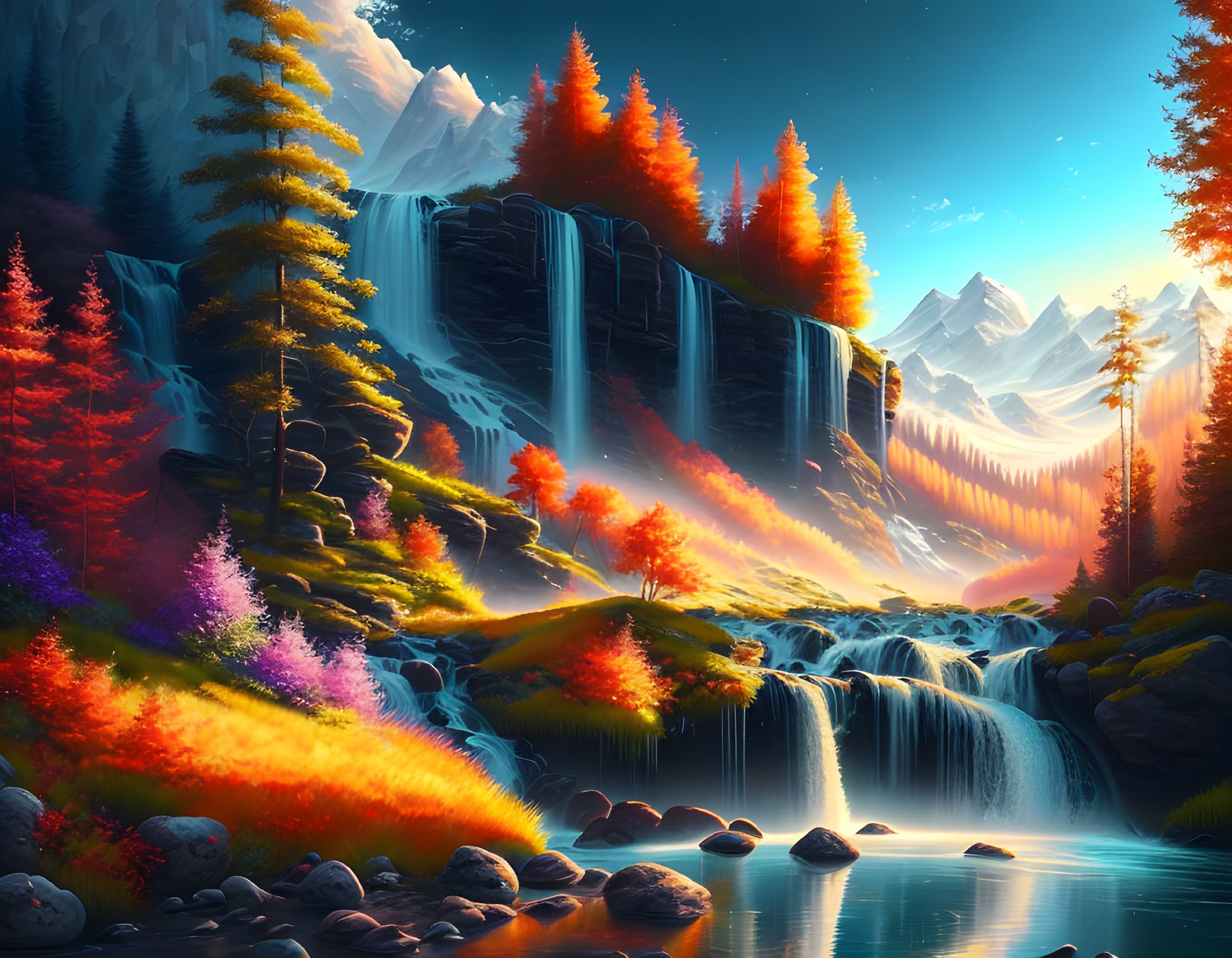 Majestic waterfall in serene lake with autumn foliage