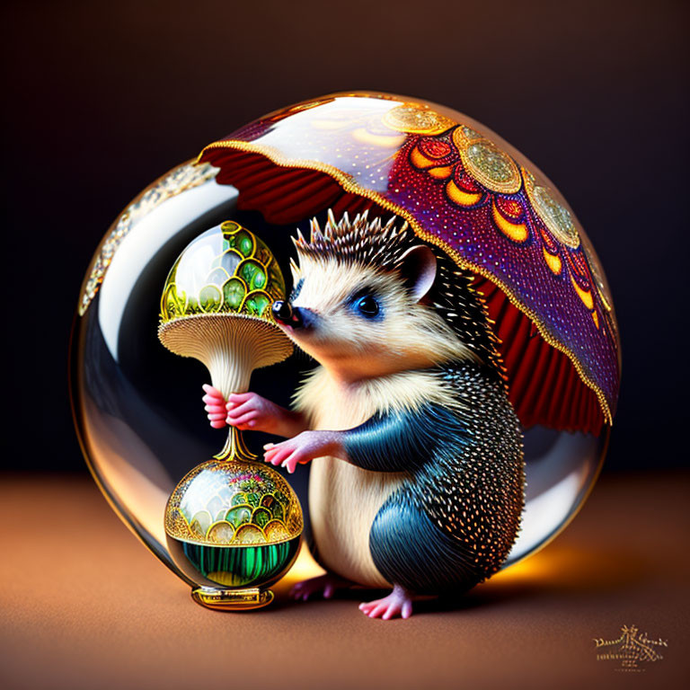 Colorful hedgehog painting egg on reflective sphere background