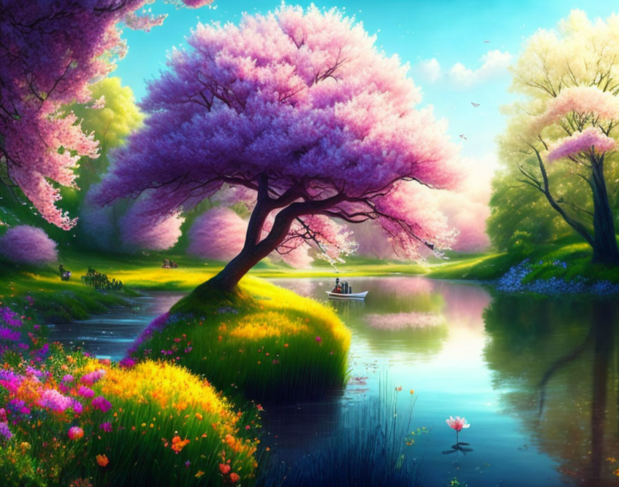 Colorful Landscape with Pink Tree, Lake, Boat, and Flowers